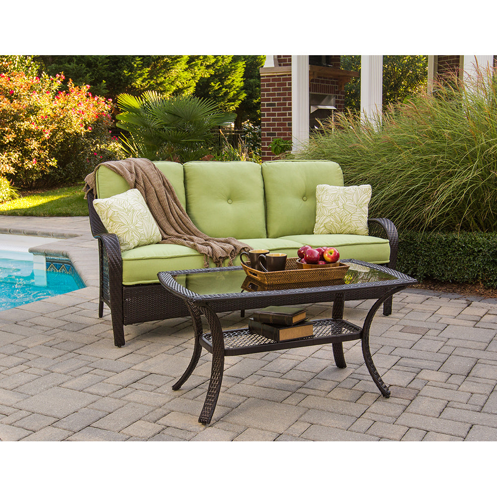 2-Piece Steel Outdoor Patio Deep Seating Set with Brown Wicker, Sofa, Avocado Green Cushions, 2 Pillows and Glass Top Rectangular Coffee Table S9067