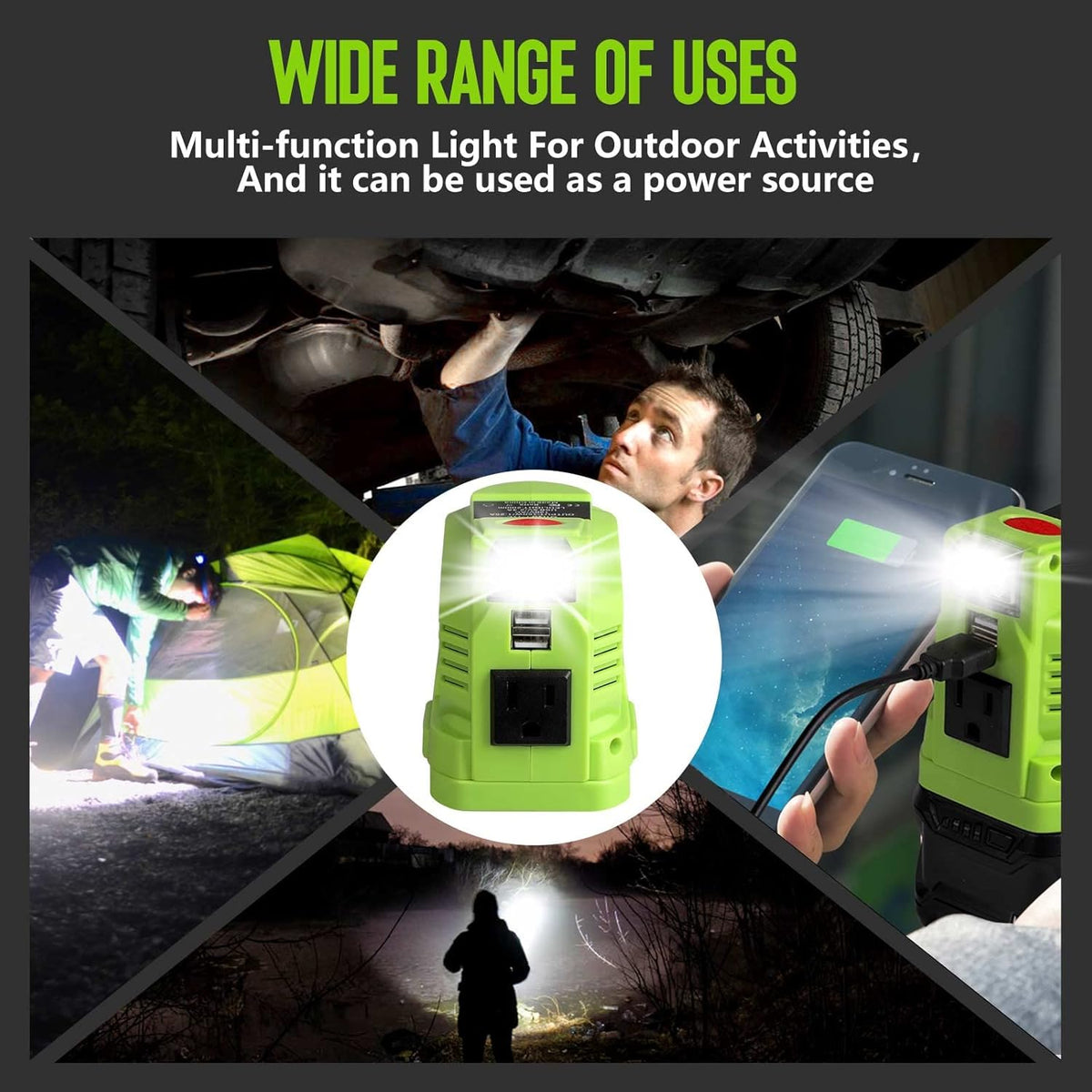 Portable Power Inverter Generator 150 Watt for 18V Battery to 110v/120v AC Output with USB Charger Adapter and LED Light Q46571