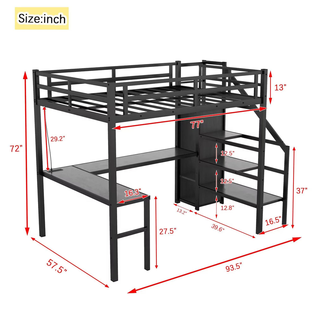 Black Full Size Metal Loft Bed with Desk and Stairs F758875
