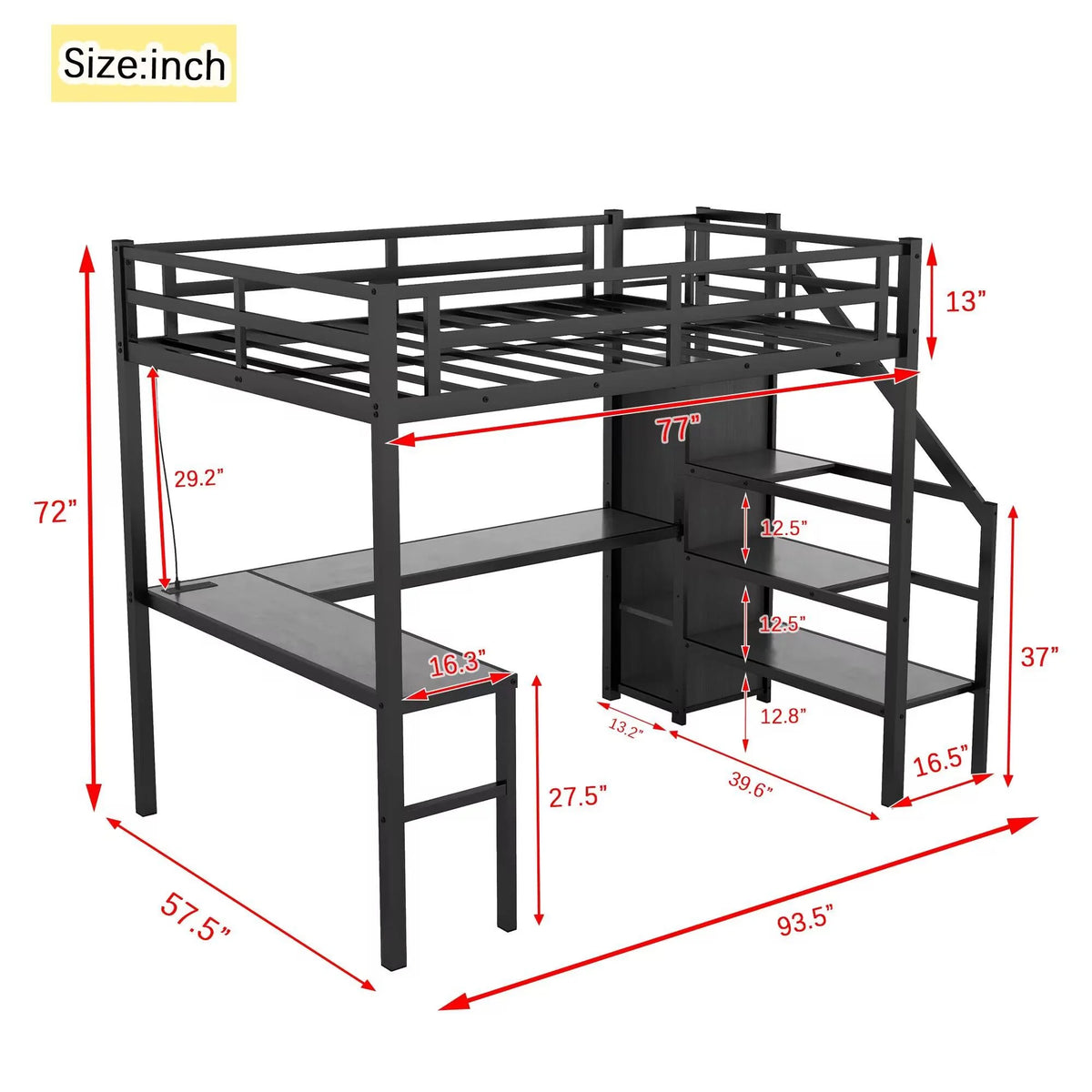 Black Full Size Metal Loft Bed with Desk and Stairs F758875