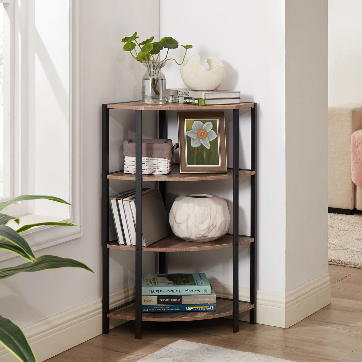4-Tier Wood Corner Shelf with Metal Frame H556