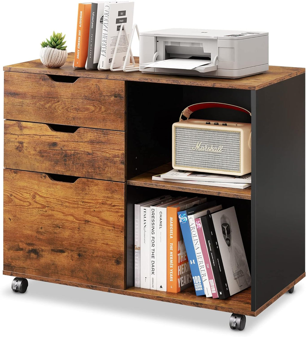 Black 3-Drawer Mobile Wood File Cabinet with Open Storage Shelves B9170