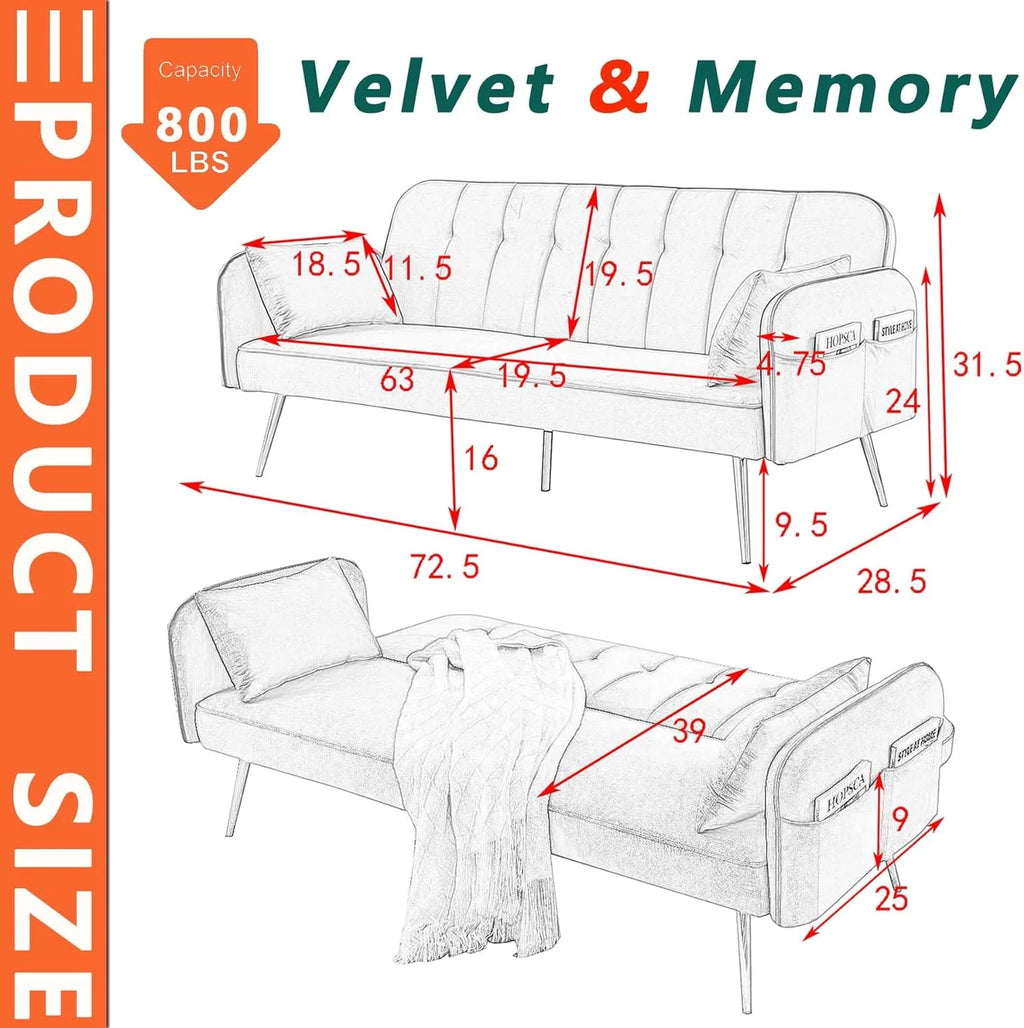 72.5" Velvet Convertible Futon Couch Bed with Storage Side Pockets N1094
