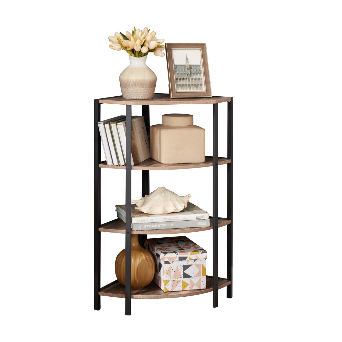 4-Tier Wood Corner Shelf with Metal Frame H556