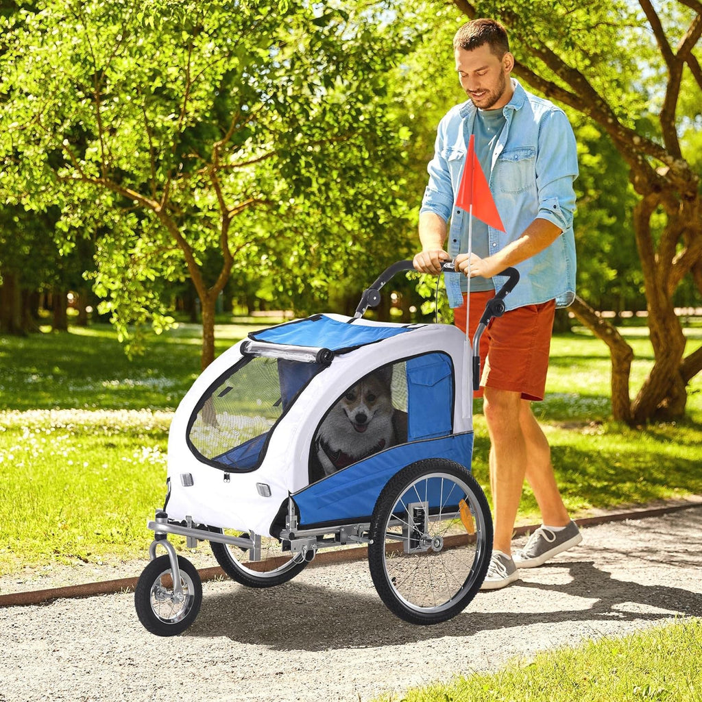Blue Dog Bike Trailer Pet Stroller With Canopy And Storage Pockets J25034