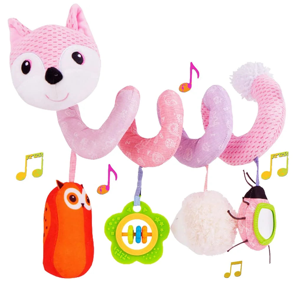 Pink Fox Plush Hanging Stroller Toys with Musical Sheep Rattles Owl Ladybird Distorting Mirror P196793