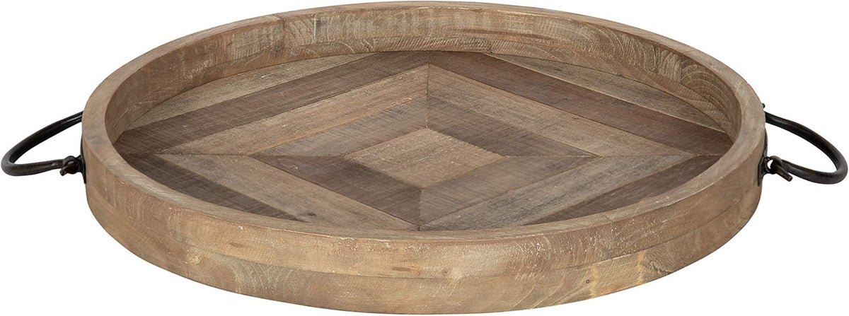 Round Wooden Decorative Tray with Black Metal Handles, Distressed Coastal White Finish, 18-inch Diameter T932890