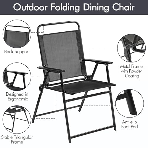 Black Set of 4 Folding Outdoor Chairs with Metal Frame and Armrests A942