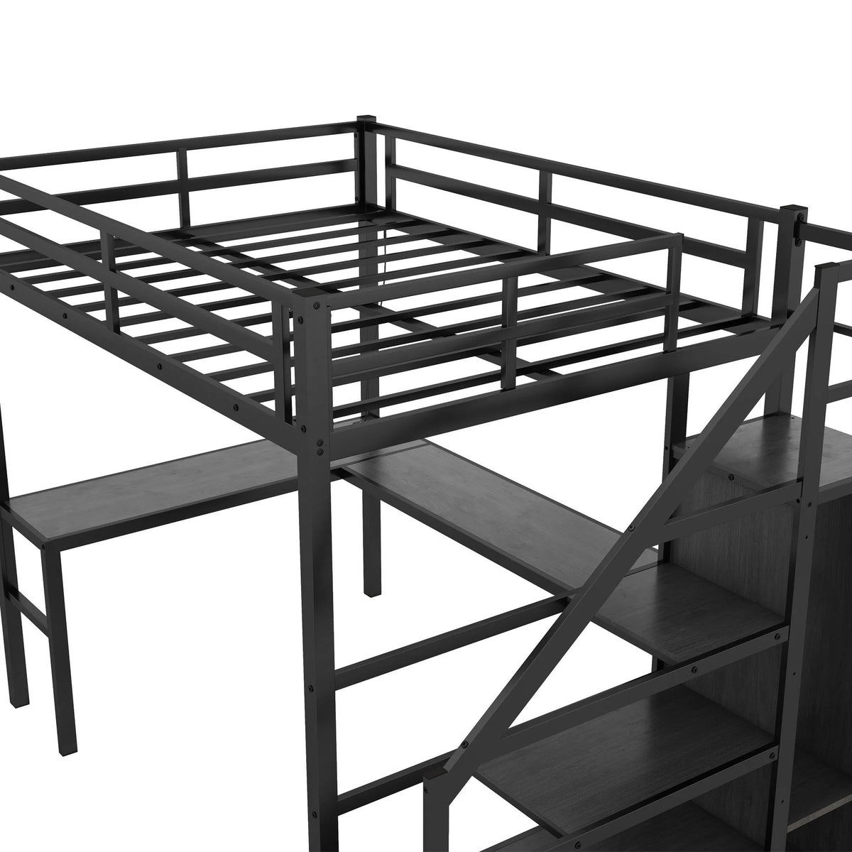 Black Full Size Metal Loft Bed with Desk and Stairs F758875