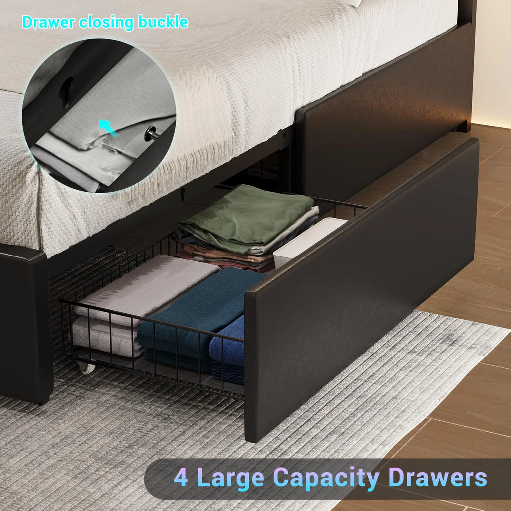 King Size Upholstered Platform Bed Frame with 4 Storage Drawers and Adjustable Headboard R321