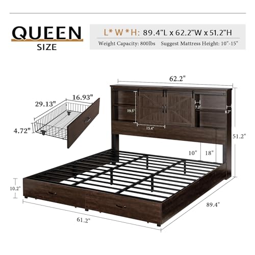 Full Size Wooden Platform Storage Bed with Bookcase Headboard and 2 Drawers L492