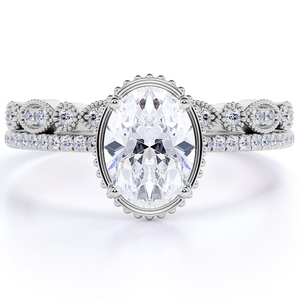 1.75 Carat Oval Cut Moissanite Ring Set in 18k White Gold Over Silver K7106