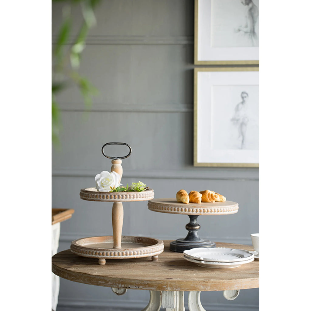 2-Tiered Round Wooden Tray with Handle D649