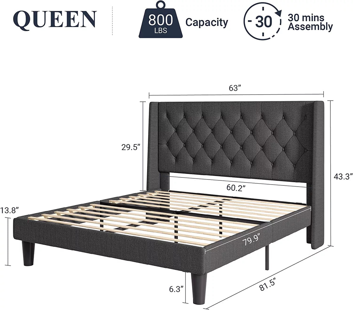 Queen Size Upholstered Platform Bed Frame with Wingback S668
