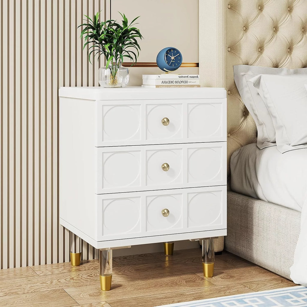 White and Gold 3-Drawer Nightstand R456