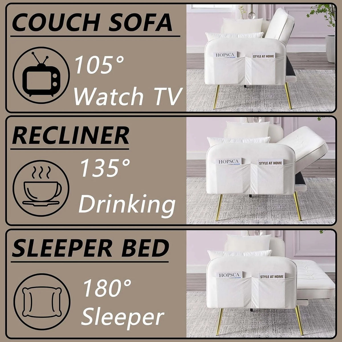 72.5" Velvet Convertible Futon Couch Bed with Storage Side Pockets N1094