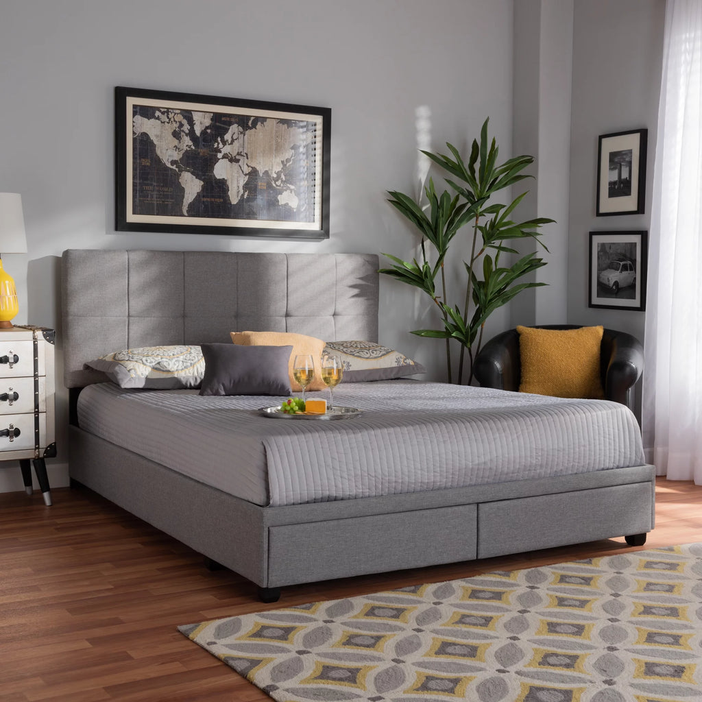 Light Grey Fabric Upholstered 2-Drawer Queen Size Platform Storage Bed K678