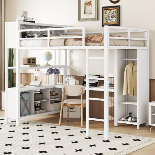 Black Full Size Metal Loft Bed with Wardrobe and L-Shaped Desk R992432