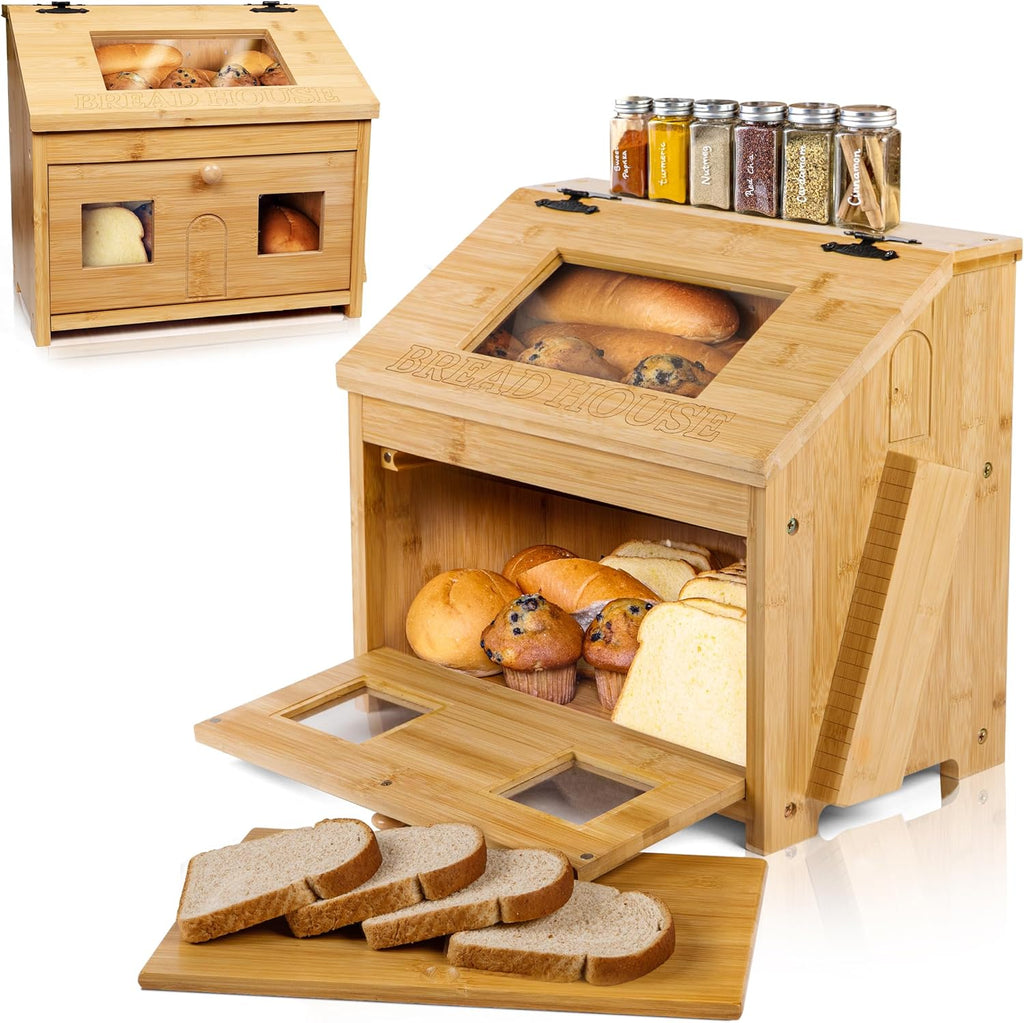 Large Wooden Bamboo Bread Box with Cutting Board K786