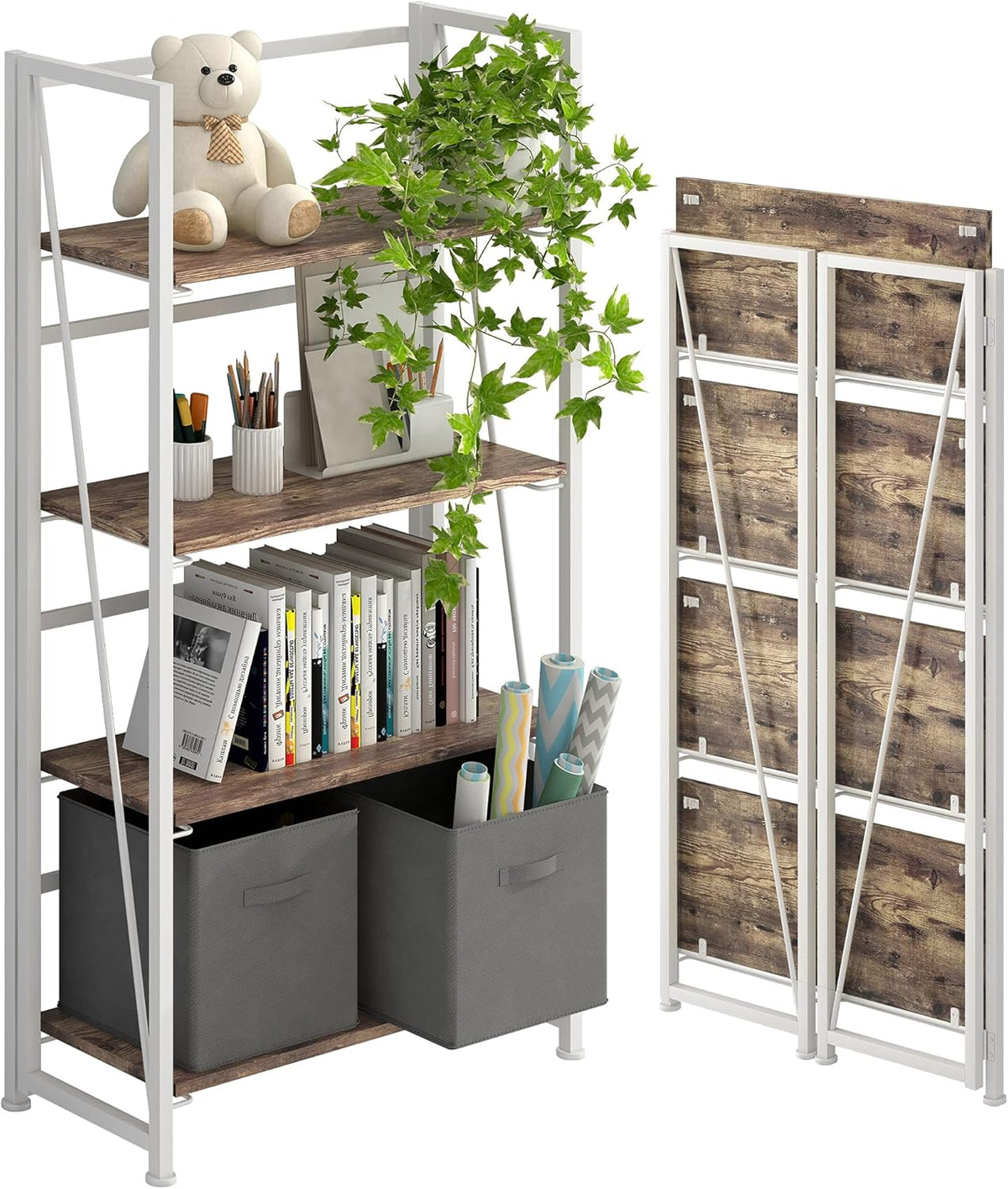 5 Tiers Folding Bookshelf Storage Shelves with 2 Drawers Brown and Black X510