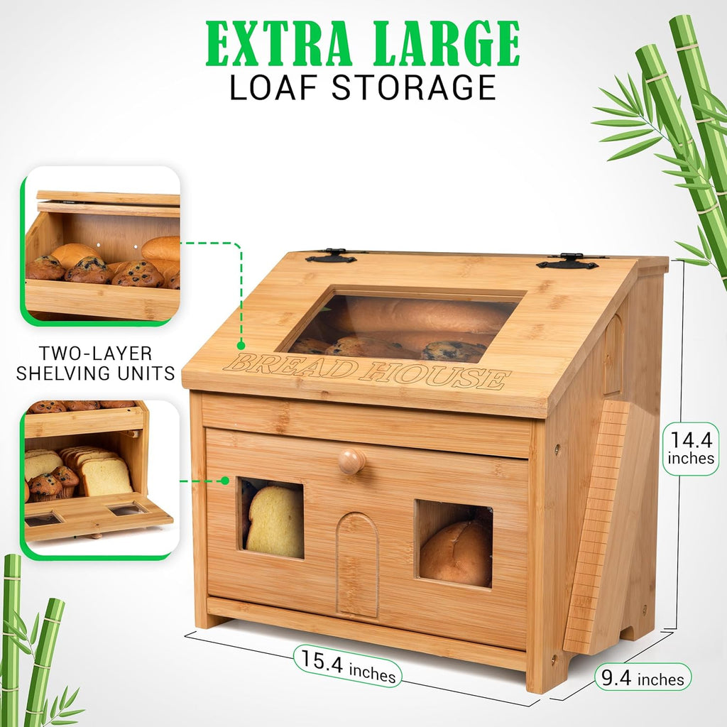Large Wooden Bamboo Bread Box with Cutting Board K786