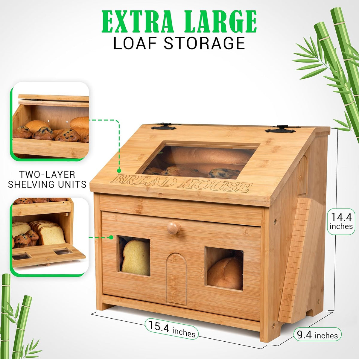 Large Wooden Bamboo Bread Box with Cutting Board K786