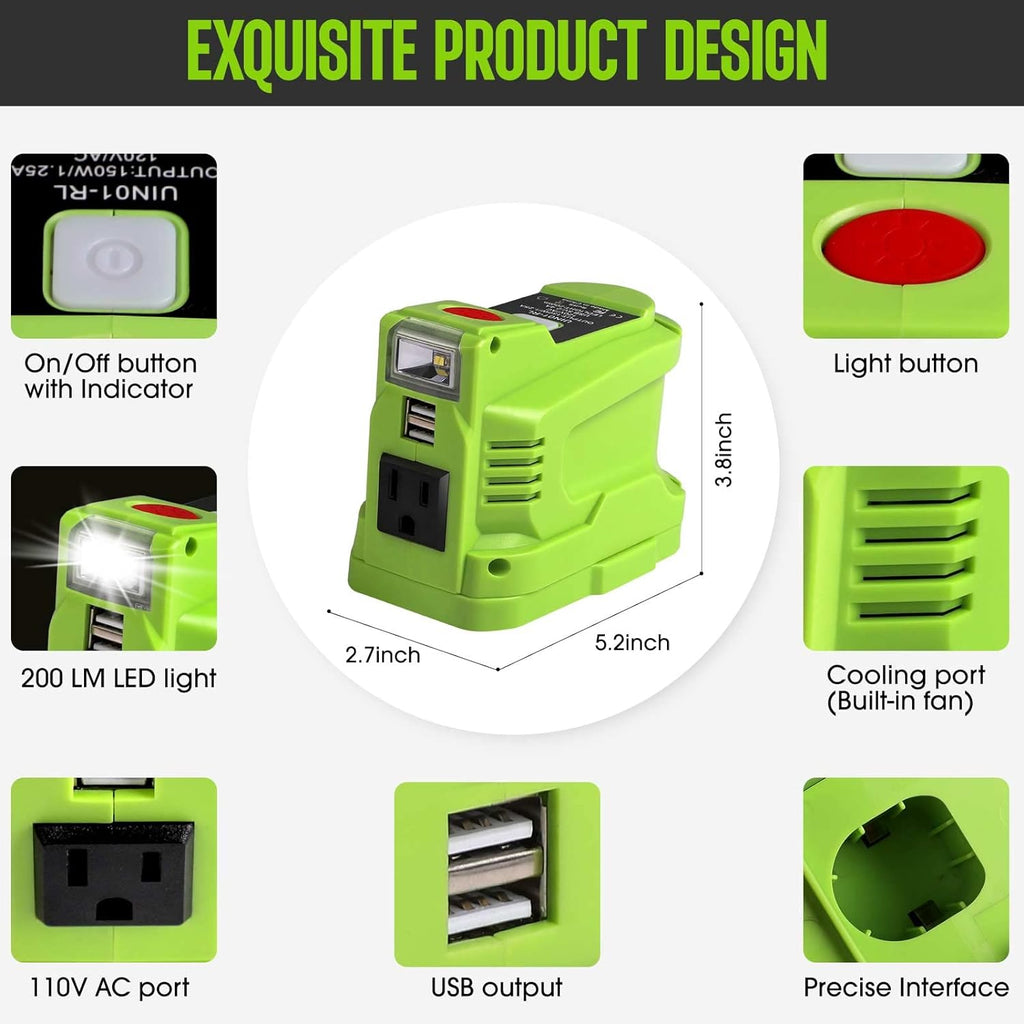 Portable Power Inverter Generator 150 Watt for 18V Battery to 110v/120v AC Output with USB Charger Adapter and LED Light Q46571