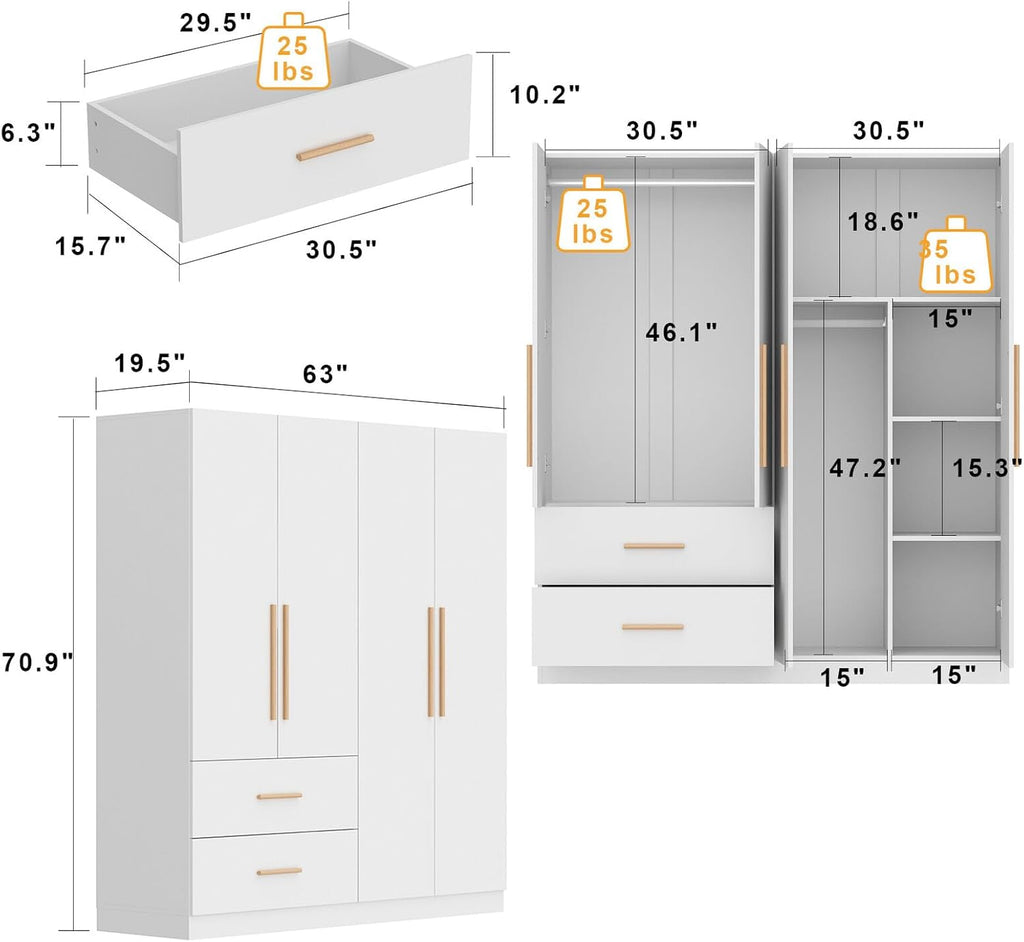 White 4-Door 2-Drawer Wood Wardrobe M546267