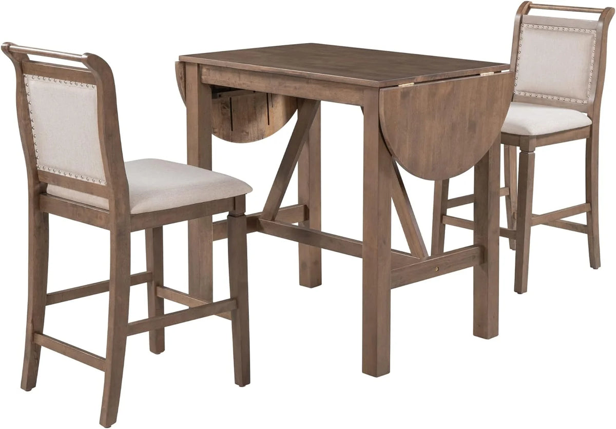 3 Piece Counter Height Drop Leaf Dining Table with 2 Padded Chairs, Brown E607486