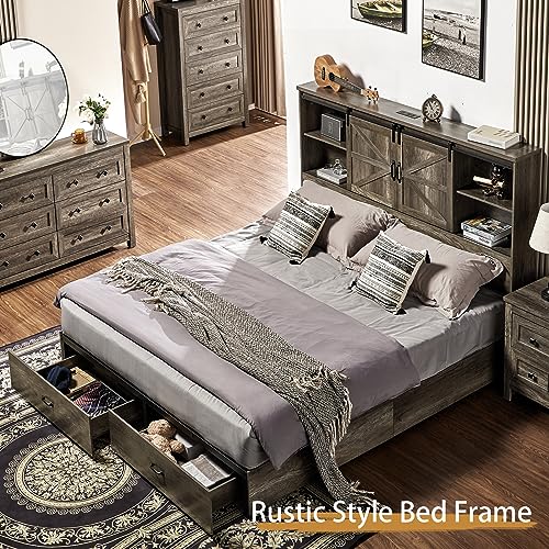 Full Size Wooden Platform Storage Bed with Bookcase Headboard and 2 Drawers L492