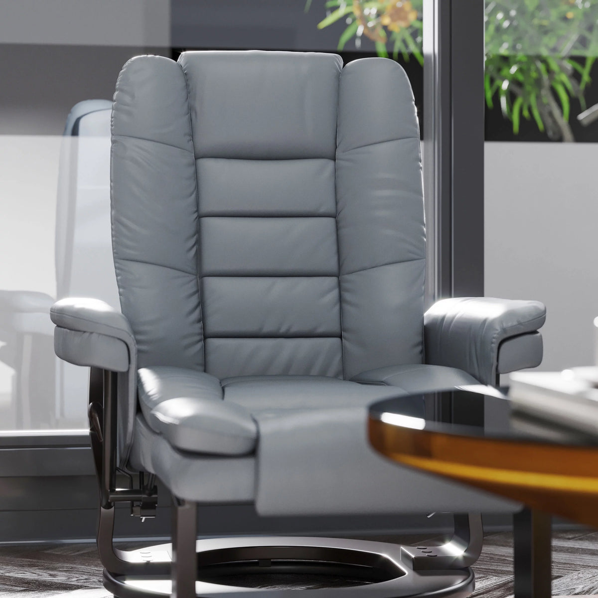 Gray Faux Leather Recliner with Ottoman V21071