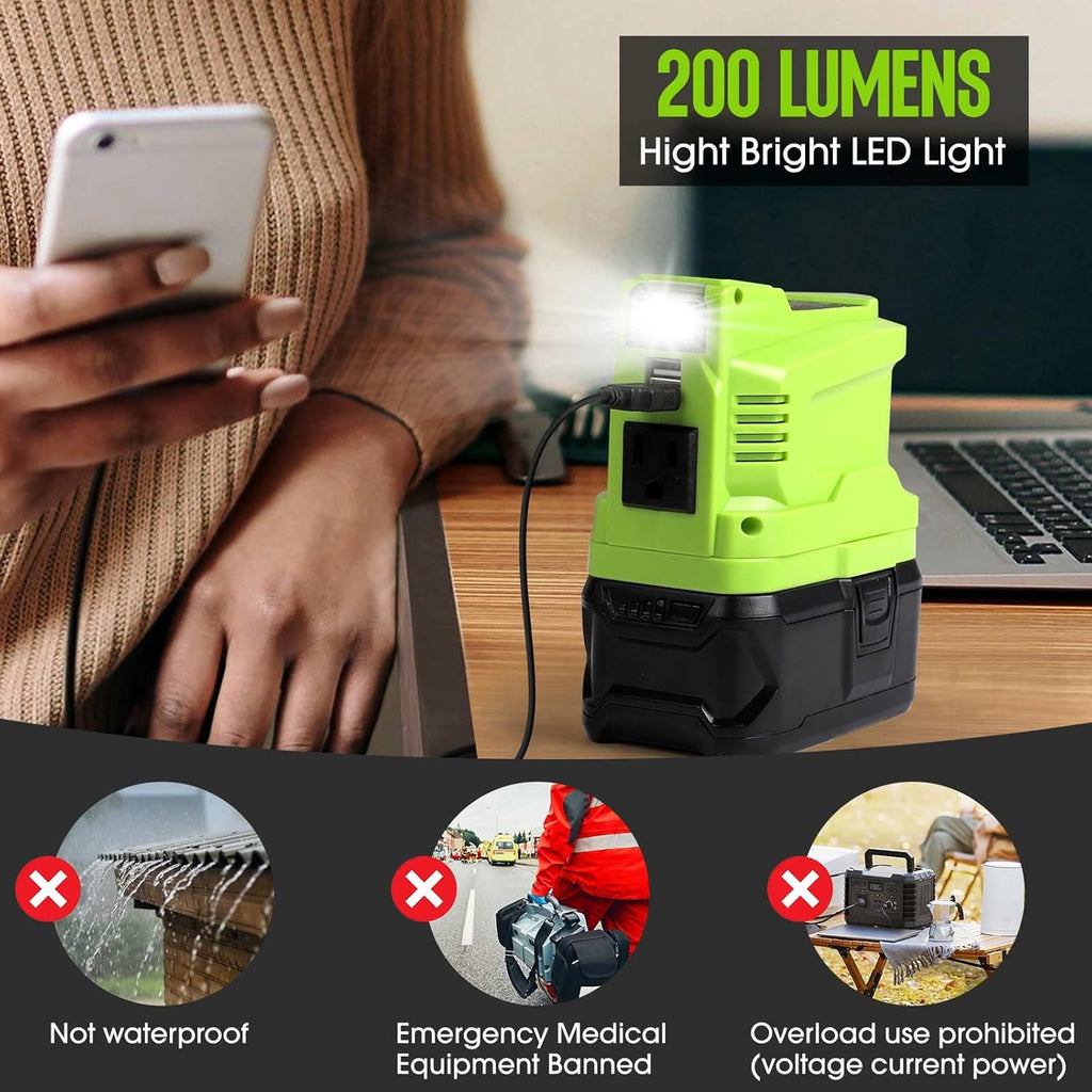 Portable Power Inverter Generator 150 Watt for 18V Battery to 110v/120v AC Output with USB Charger Adapter and LED Light Q46571