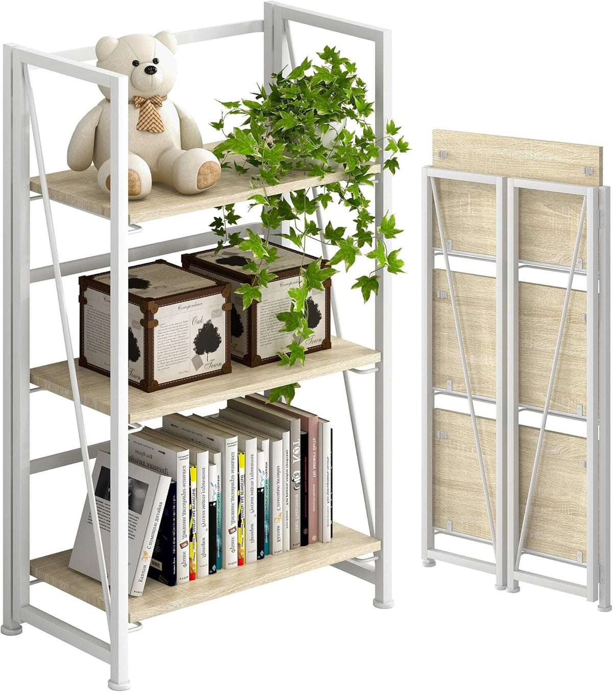 5 Tiers Folding Bookshelf Storage Shelves with 2 Drawers Brown and Black X510