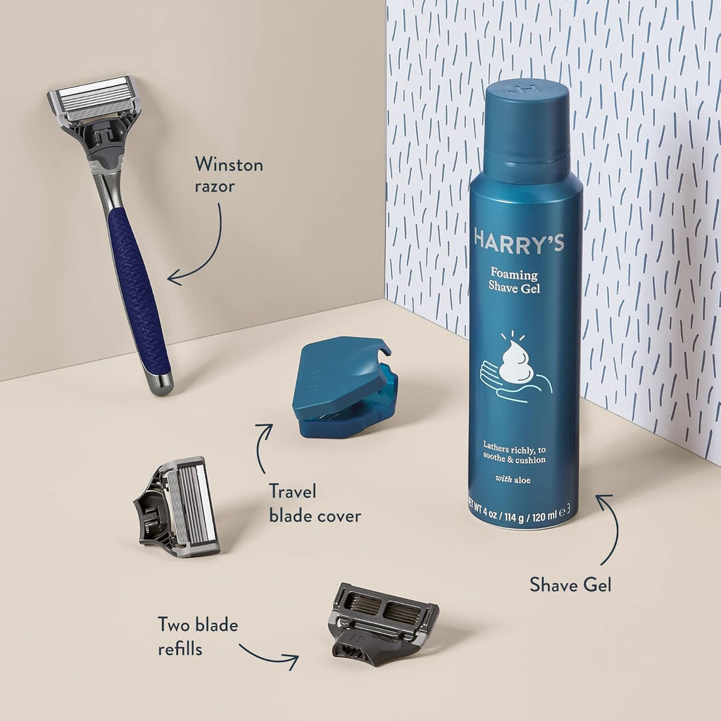 Winston Shaving Set 5 Blade Razors with Lubricating Strip & Precision Trimmer, 3 Razor Blade Refills, Travel Blade Cover, and 4 Oz Shave Gel B45733