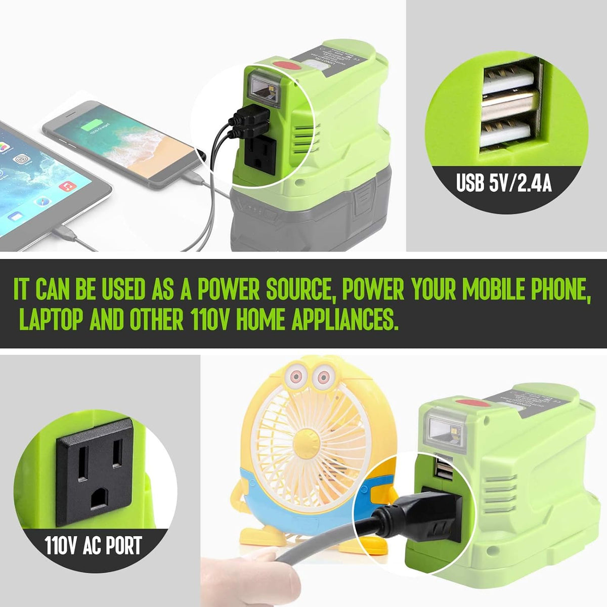 Portable Power Inverter Generator 150 Watt for 18V Battery to 110v/120v AC Output with USB Charger Adapter and LED Light Q46571
