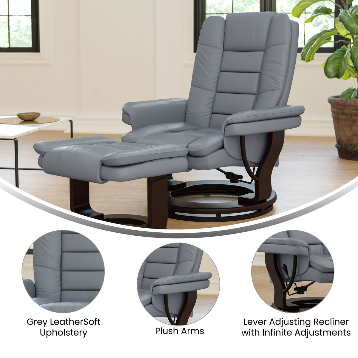 Gray Faux Leather Recliner with Ottoman V21071