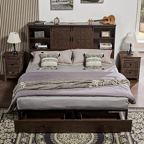 Full Size Wooden Platform Storage Bed with Bookcase Headboard and 2 Drawers L492