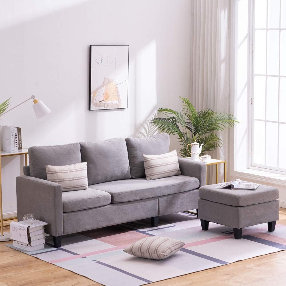 Light Grey Linen Fabric L-Shaped 3-Seat Convertible Sectional Sofa Couch with Reversible Chaise U4358