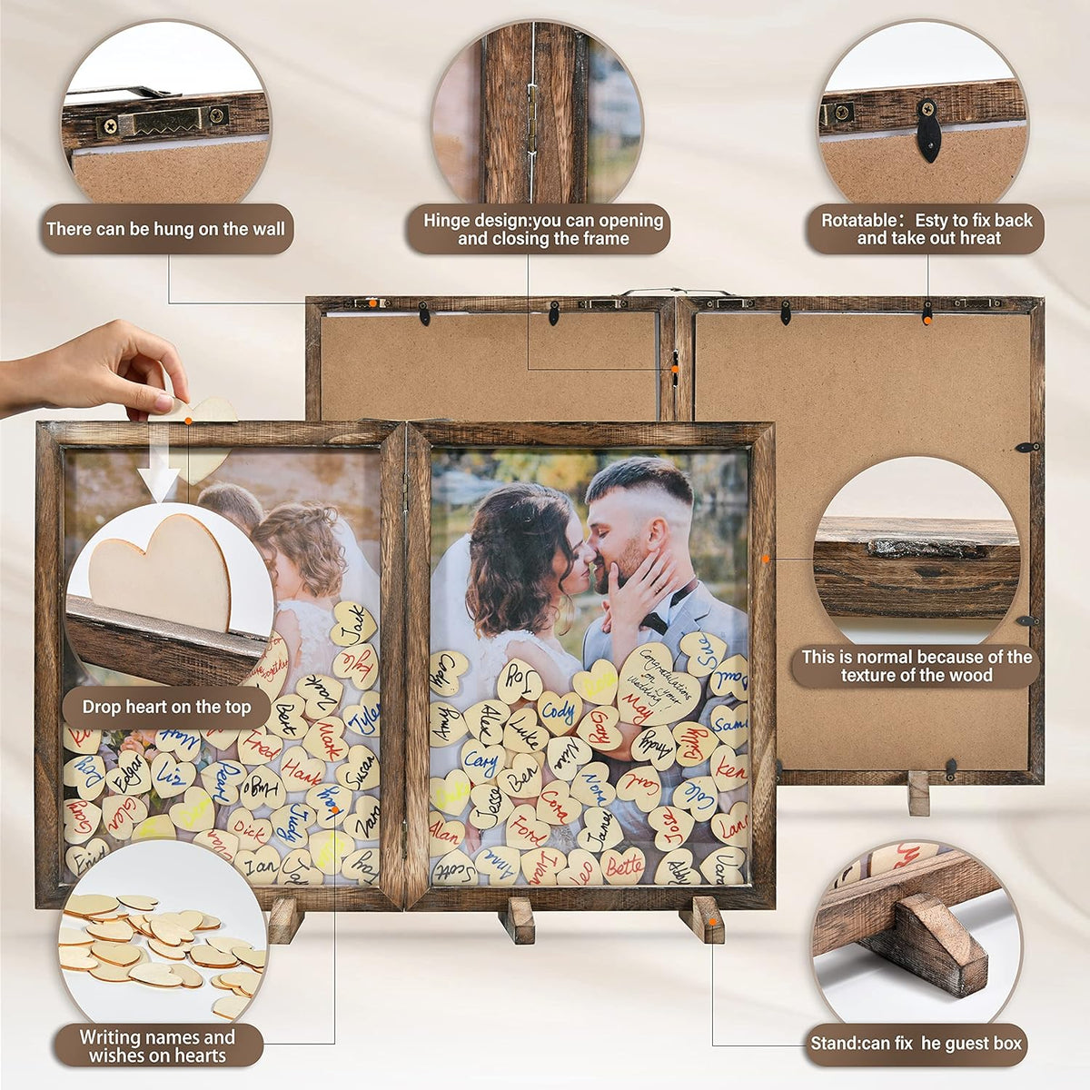 Wooden Drop Top Box Picture Frame with 160 Wooden Hearts X106