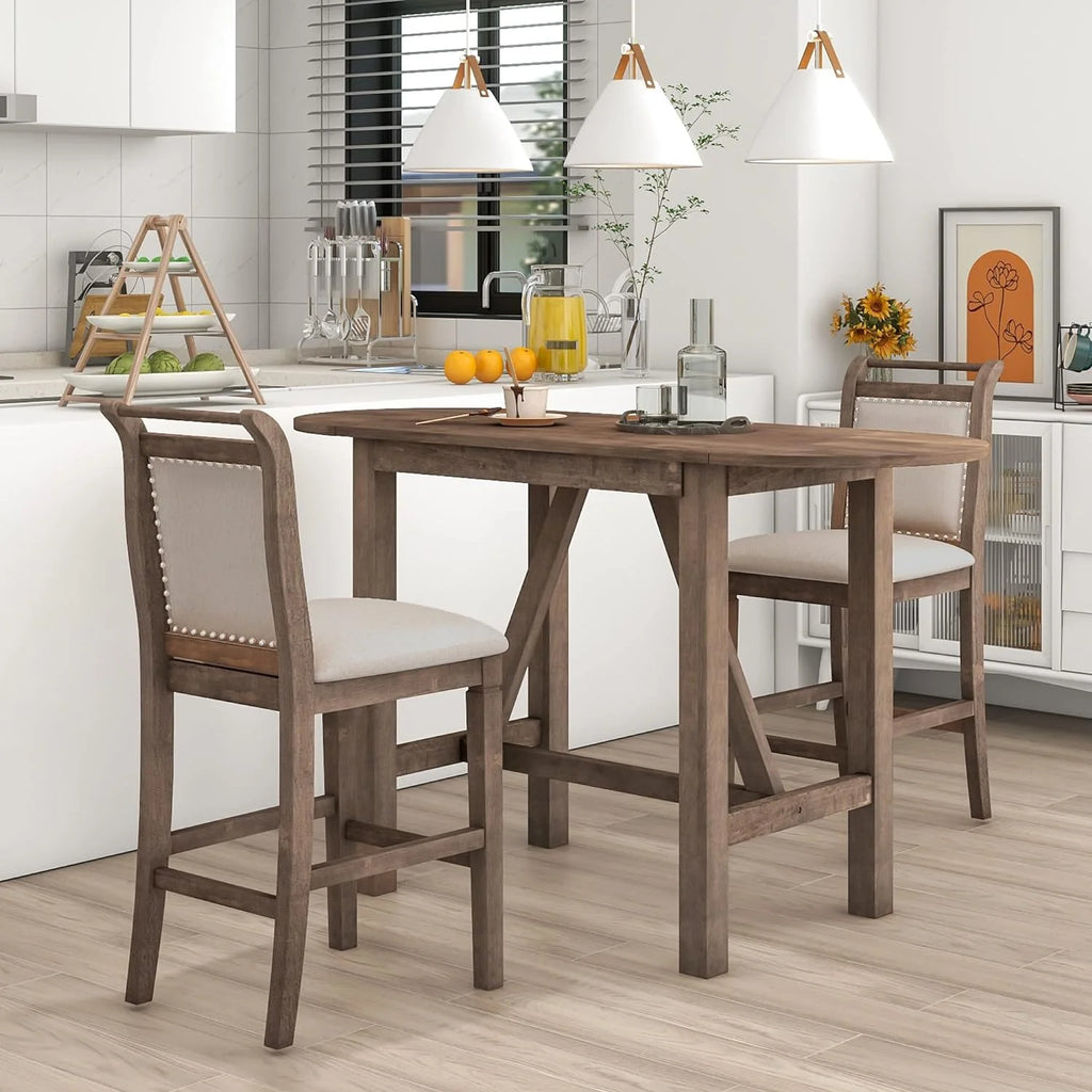 3 Piece Counter Height Drop Leaf Dining Table with 2 Padded Chairs, Brown E607486