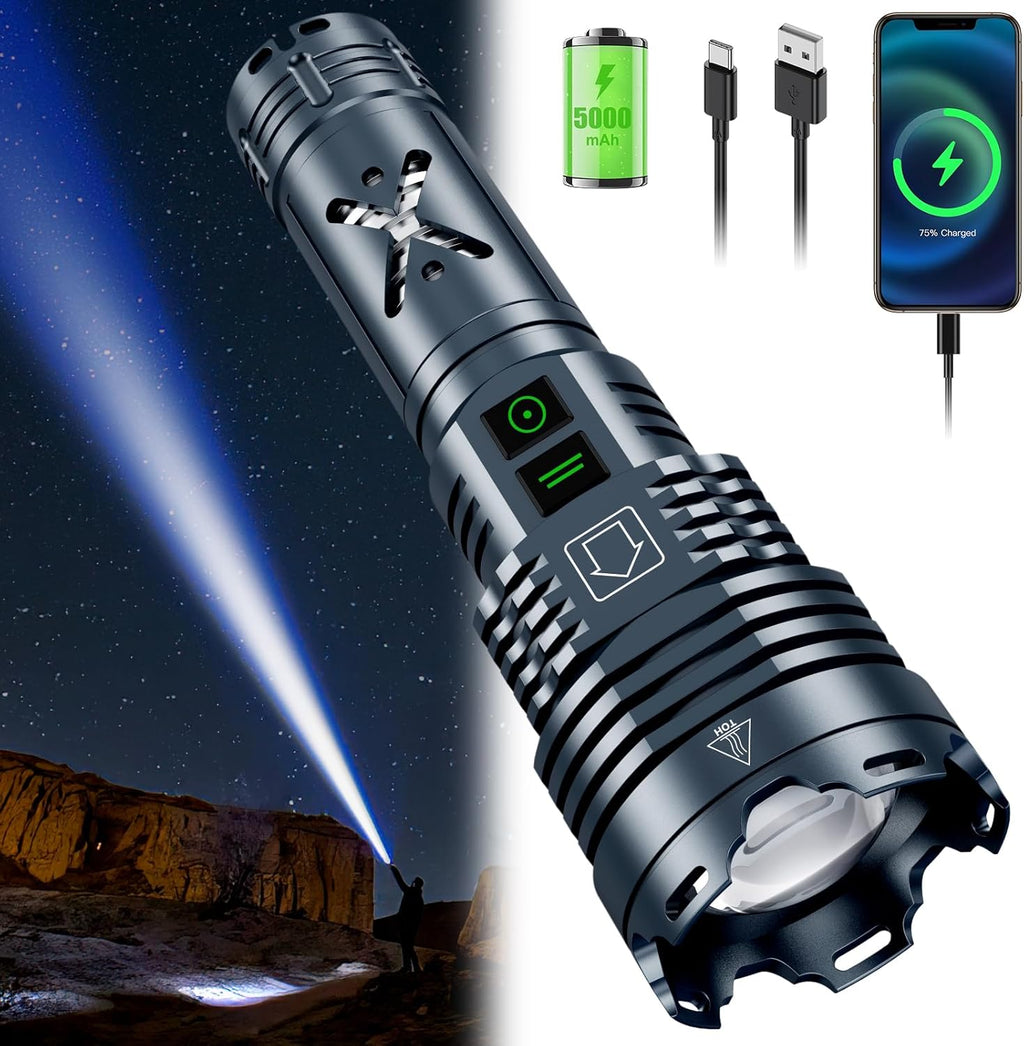 Rechargeable LED Tactical Flashlight, 2500000 Lumens, Waterproof, Zoomable O98192