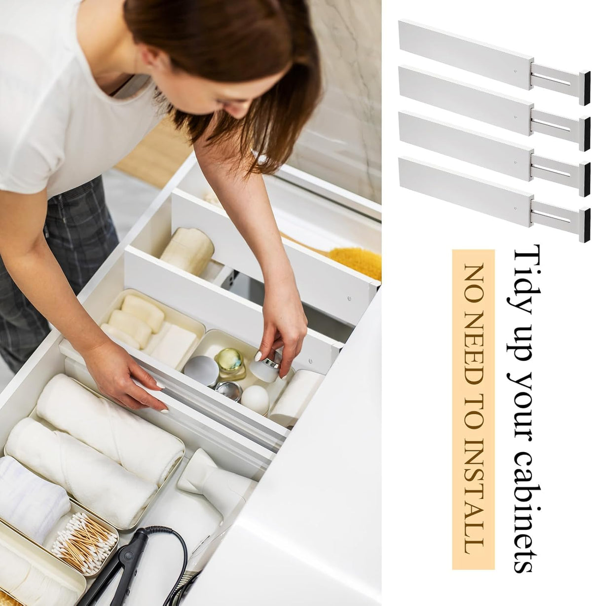 12 Pieces White Expandable Bamboo Drawer Dividers E5681