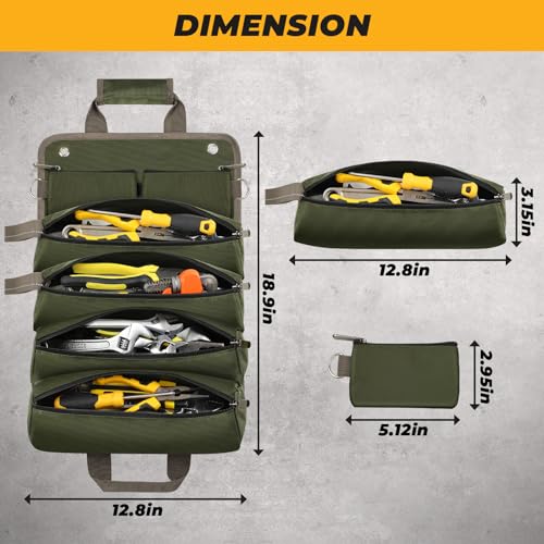 Green Roll Up Tool Bag with 2 Small Pouches J103