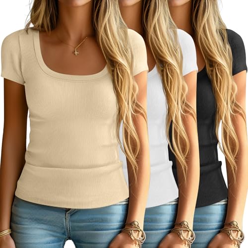 3 Pack Women's Short Sleeve Scooped Neck Ribbed Knit Tee S555