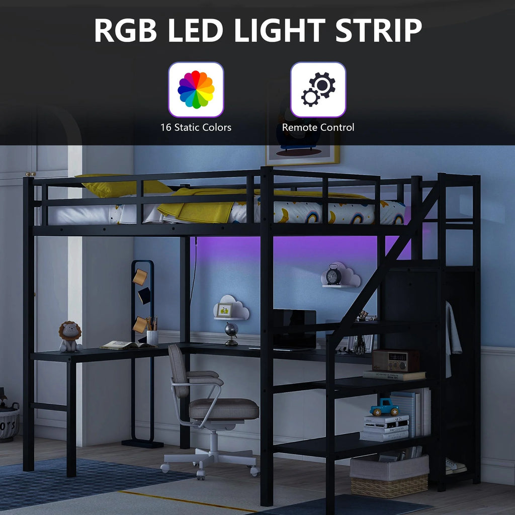 Black Full Size Metal Loft Bed with Desk and Stairs F758875