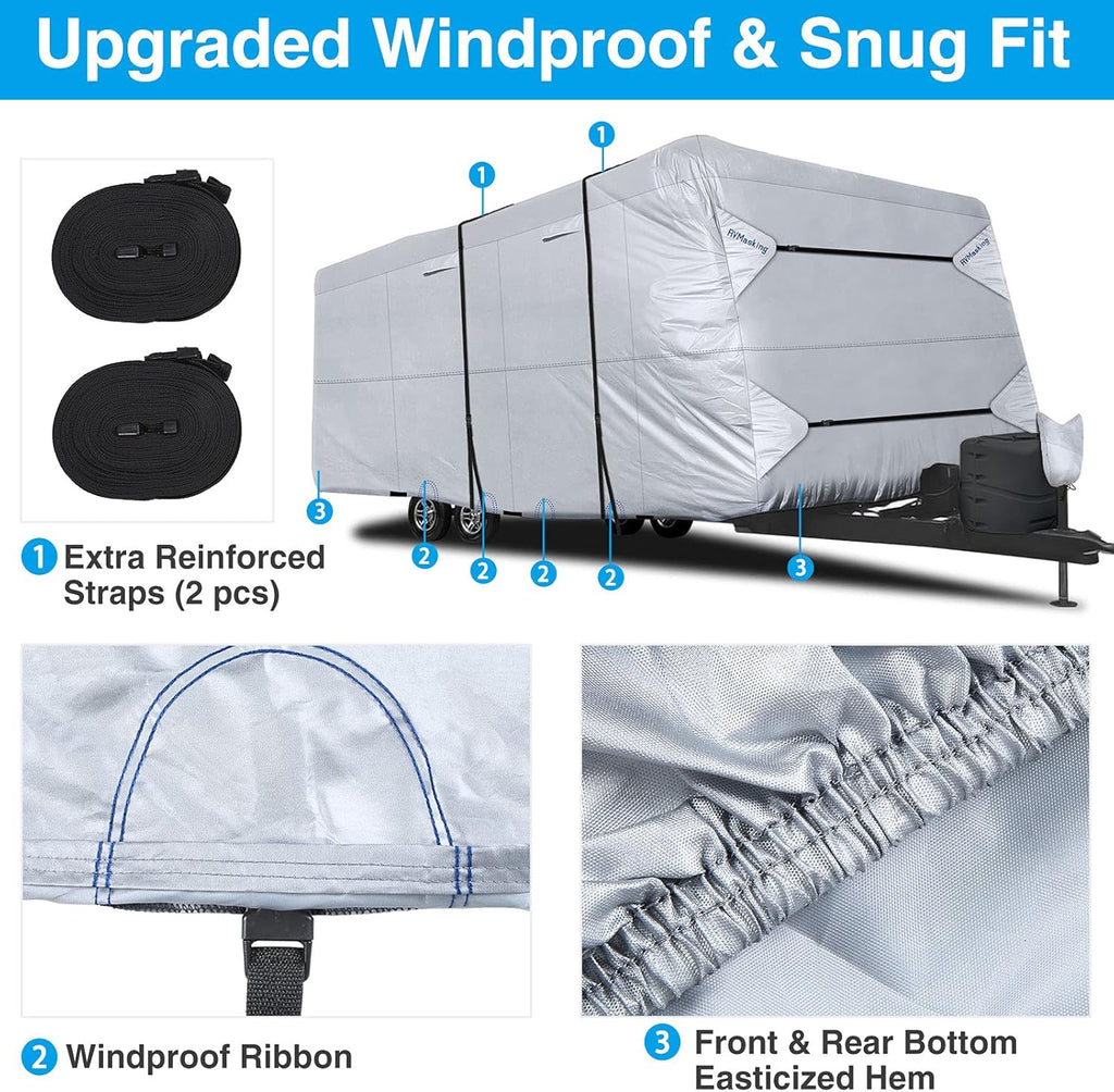 Rip-Stop RV Cover Fits 20'1" - 22' Long Motorhome, Waterproof Camper Cover with Gutter Covers G524