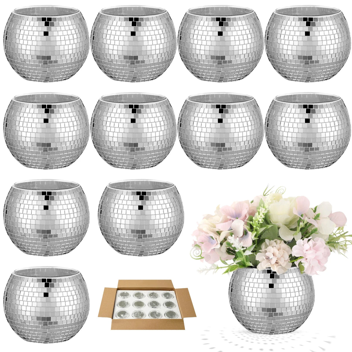 12 Pcs Silver Disco Ball Glass Vase N364267