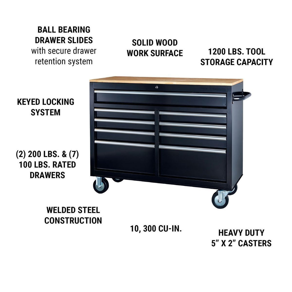 Black 9-Drawer Mobile Storage Cabinet with Solid Wood Top H675