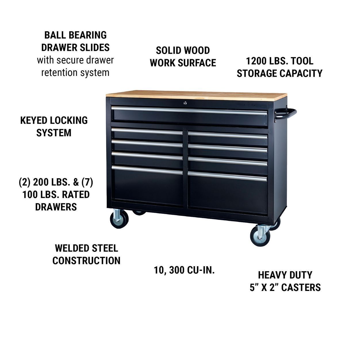 Black 9-Drawer Mobile Storage Cabinet with Solid Wood Top H675