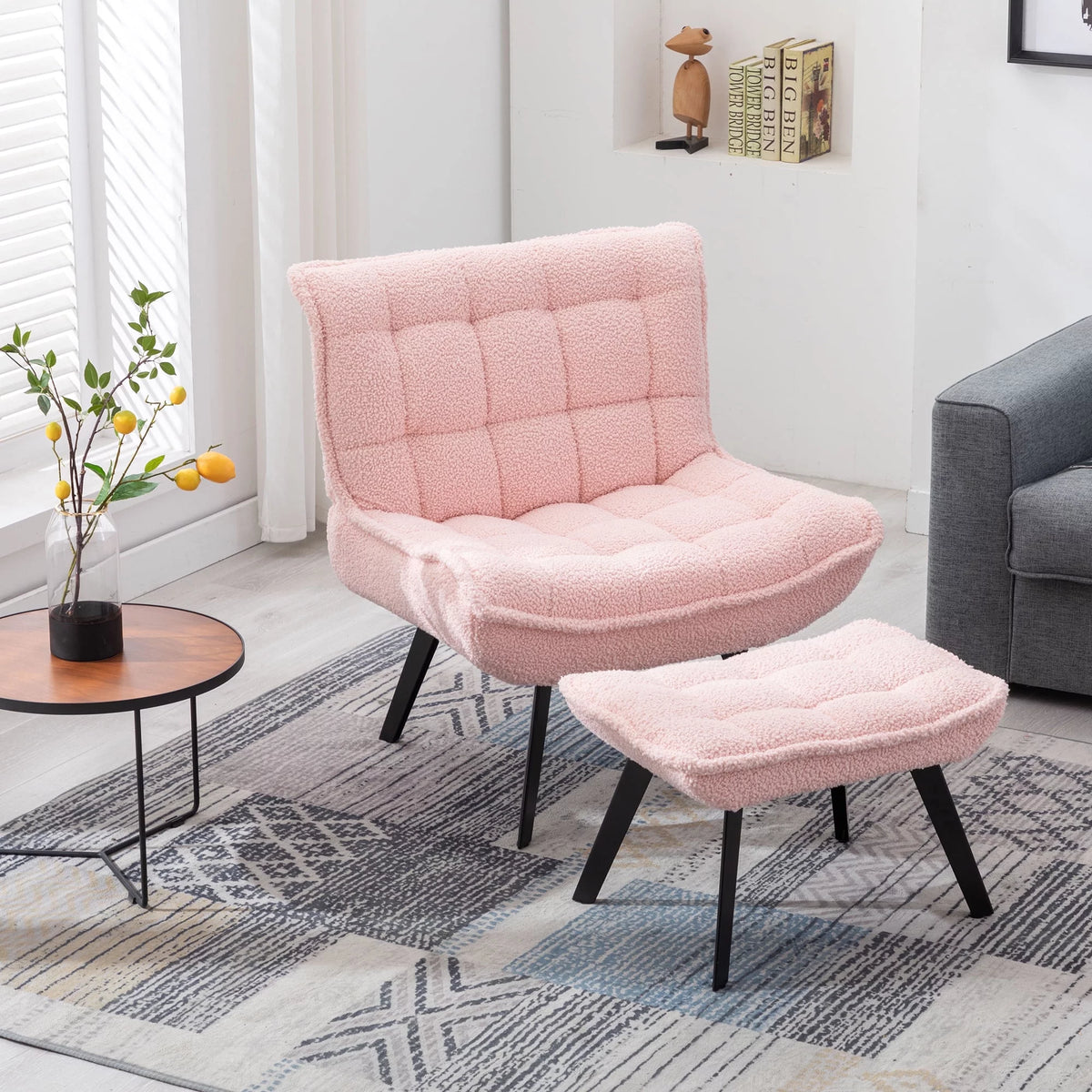 Pink Teddy Fabric Accent Chair with Ottoman F144419